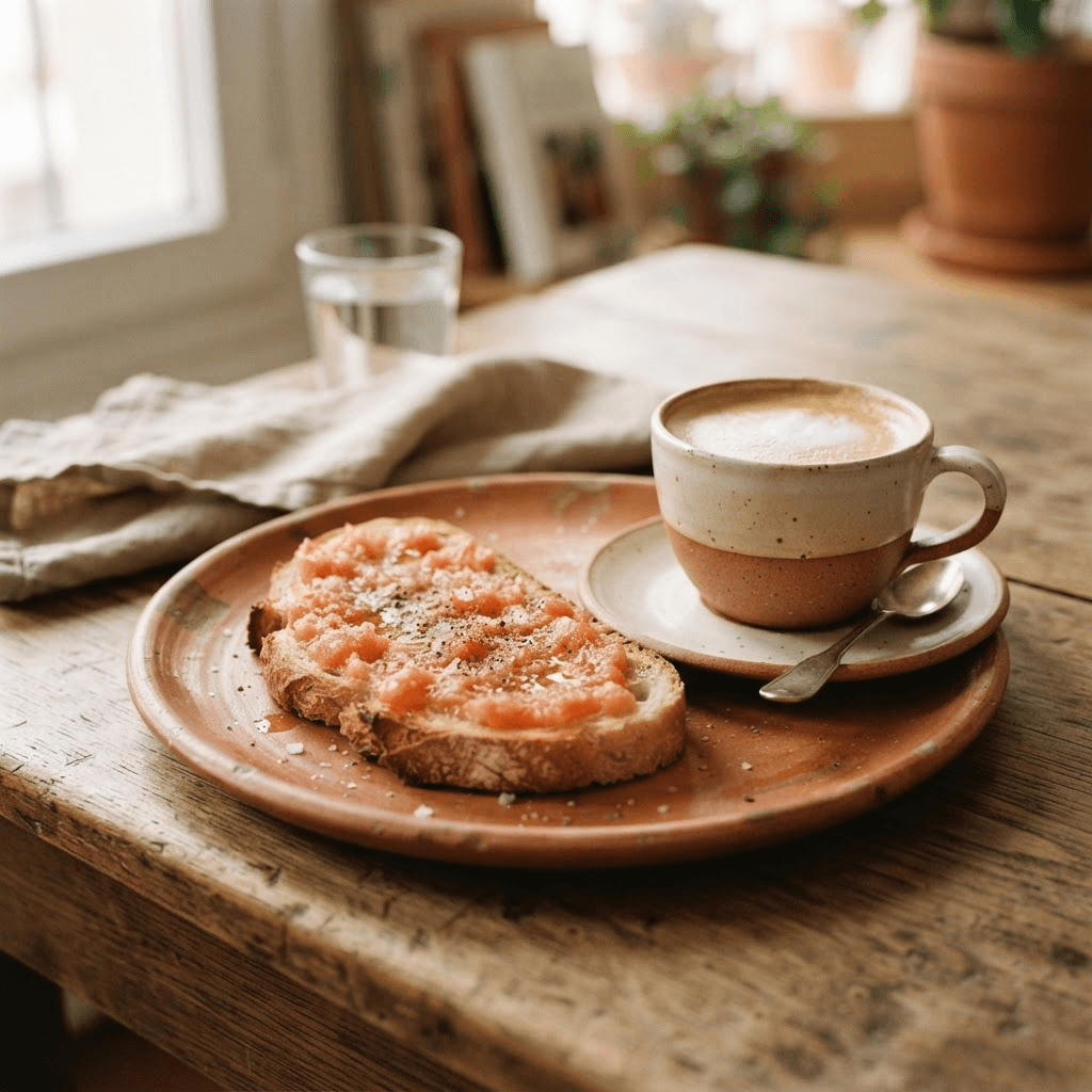 Café con leche y tostada de tomate para desayunar