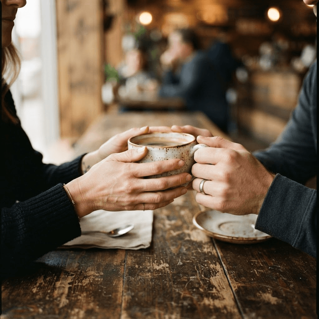 Manos sosteniendo una taza de café en la mesa